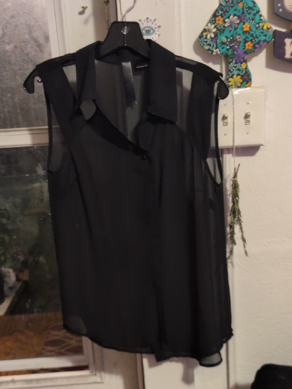 DKNYC Sheer Black Sleeveless Button-Front Blouse
